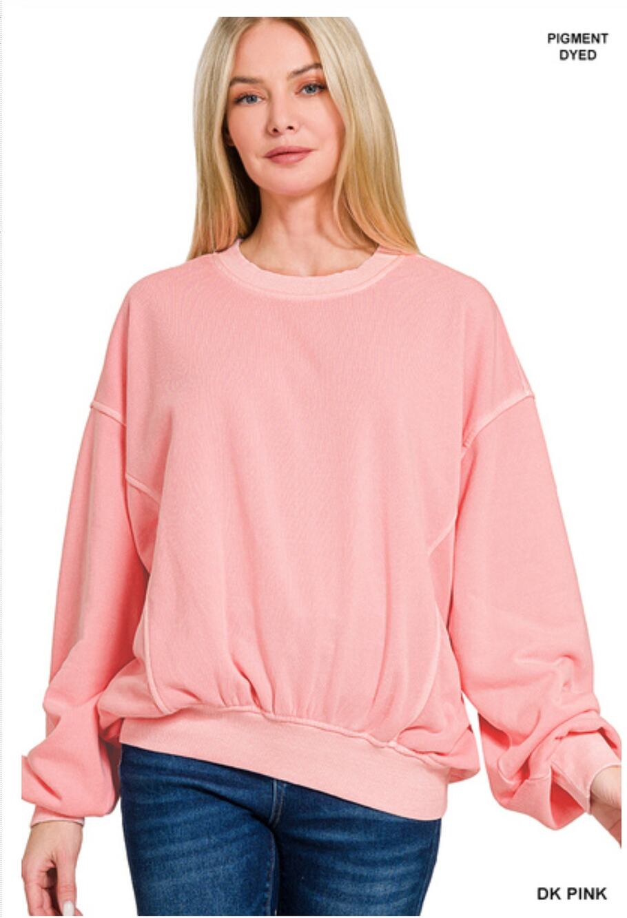 Zenana SWEATSHIRT PULLOVER PINK Pigment Dyed Oversized Batwing Pullover
